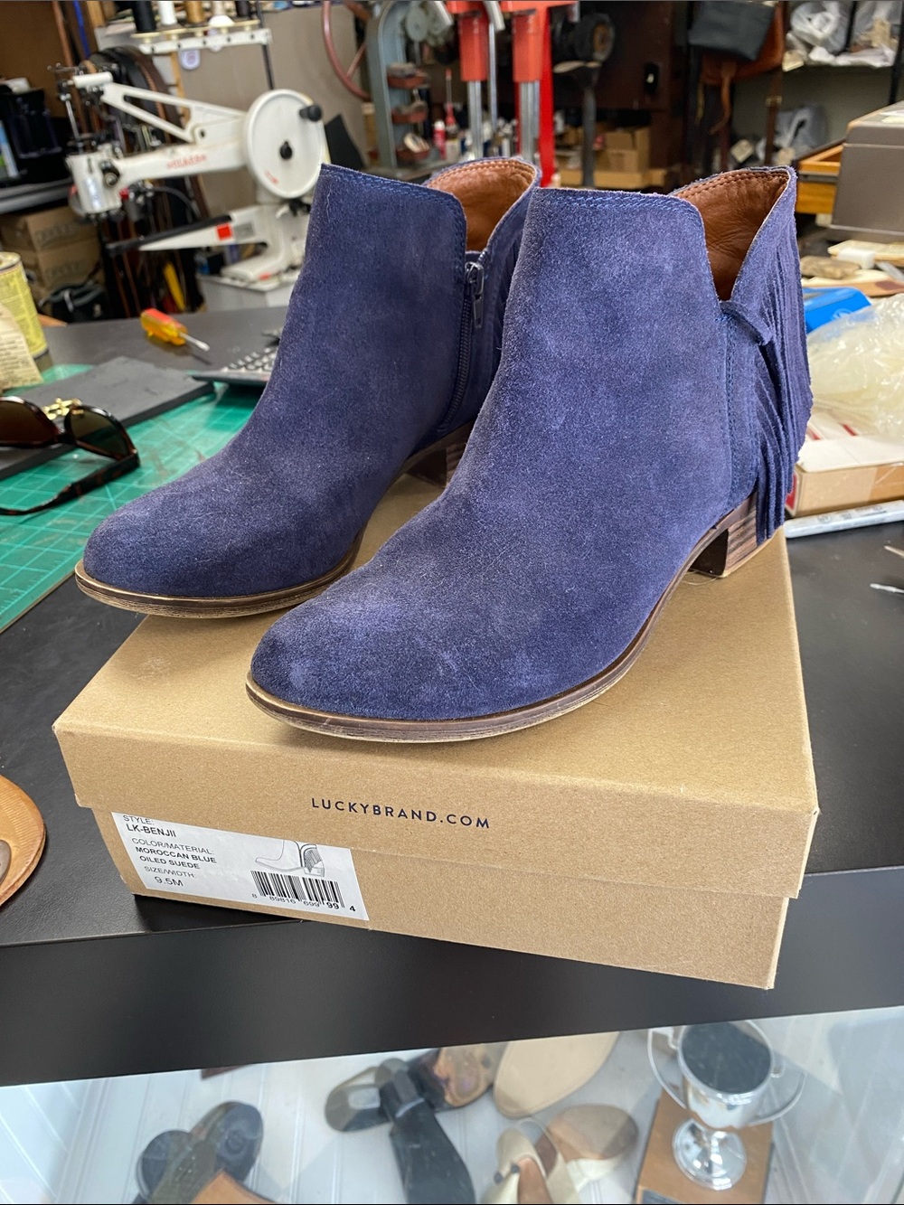 Lucky Brand Navy Suede Fringe Ankle Booties